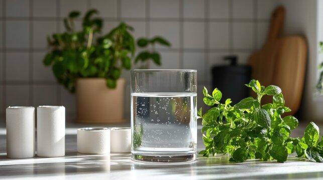 Refreshing glass of water on a kitchen countertop with herbs