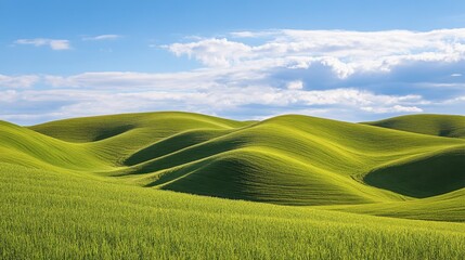 Obraz premium A scenic view of a rural countryside with rolling green hills and a bright blue sky during springtime.