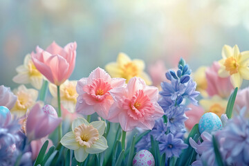 Spring blossoms and pastel eggs create a festive atmosphere in a vibrant arrangement