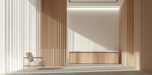 Fototapeta premium Modern interior design, white wall background with wooden cabinet and armchair in living room