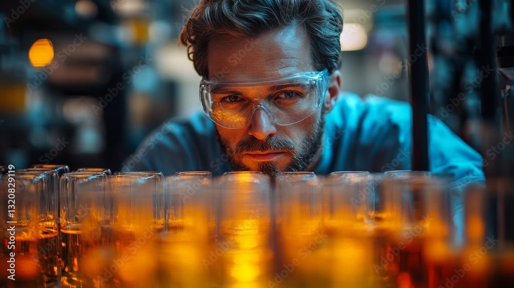 Aufkleber an experienced technician in protective eyewear focuses intently on vibrant liquid samples in a high