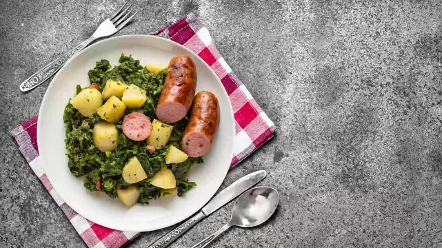 Thick braised cabbage keil in rich dark green color with smoked sausage Pinkel - looped 4к video