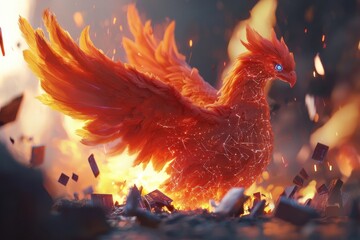 Fototapeta premium A majestic fiery phoenix rising from the ashes with glowing circuit patterns, surrounded by flames and debris, symbolizing rebirth and technological advancement.
