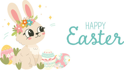 Floral Bunny Easter Greeting, Hand Drawn Cute Rabbit with Decorated Eggs