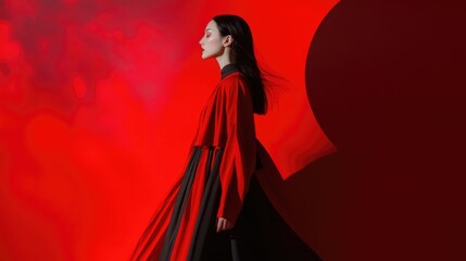 Fototapeta premium A woman dressed in a long black and red dress