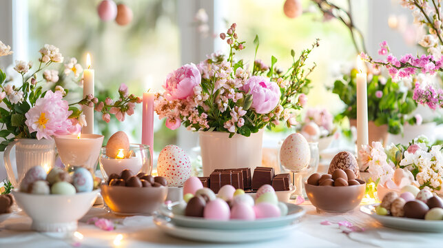A stunning Easter table setting with chocolate Easter eggs arranged artistically, surrounded by fresh spring flowers, pastel-colored candles, and festive decorations, setting the tone for a joyful hol