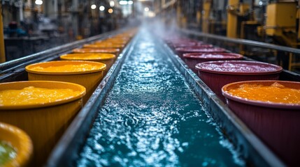 Automated systems in a petrochemical refinery showcase vibrant colored solutions flowing through processing containers. Steam rises along the production line, highlighting the synthesis process.
