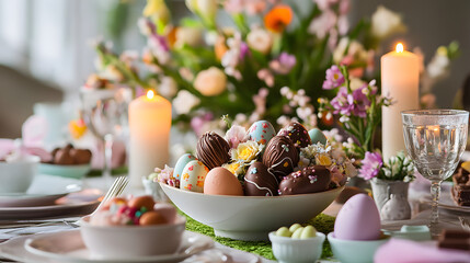 A stunning Easter table setting with chocolate Easter eggs arranged artistically, surrounded by fresh spring flowers, pastel-colored candles, and festive decorations, setting the tone for a joyful hol