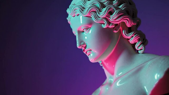 Neon-lit close-up of a classical marble bust illuminated by vivid pink and cyan lights, set against a deep purple background, creating striking highlights and deep shadows.  