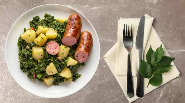 Thick braised cabbage keil in rich dark green color with smoked sausage Pinkel - looped 4к video