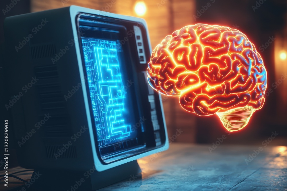 Poster old computer displaying glowing blue circuit board pattern beside a luminous human brain, symbolizin