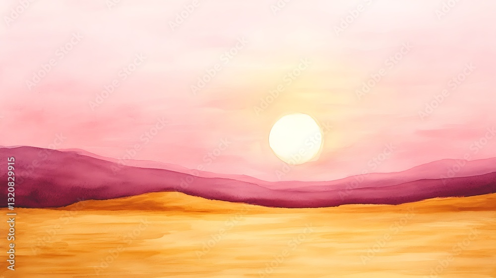 Poster sunset over rolling hills with warm, pastel colors creating a serene atmosphere.