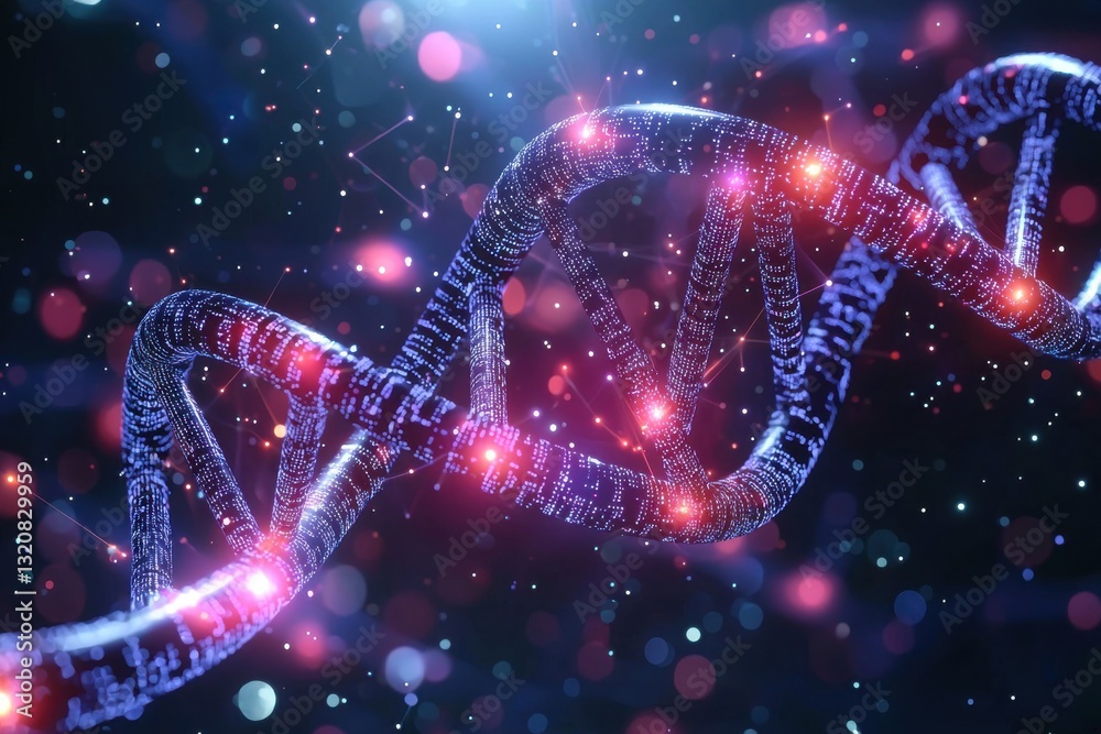 Poster abstract dna double helix structure with glowing particles, representing the complexity of genetic c