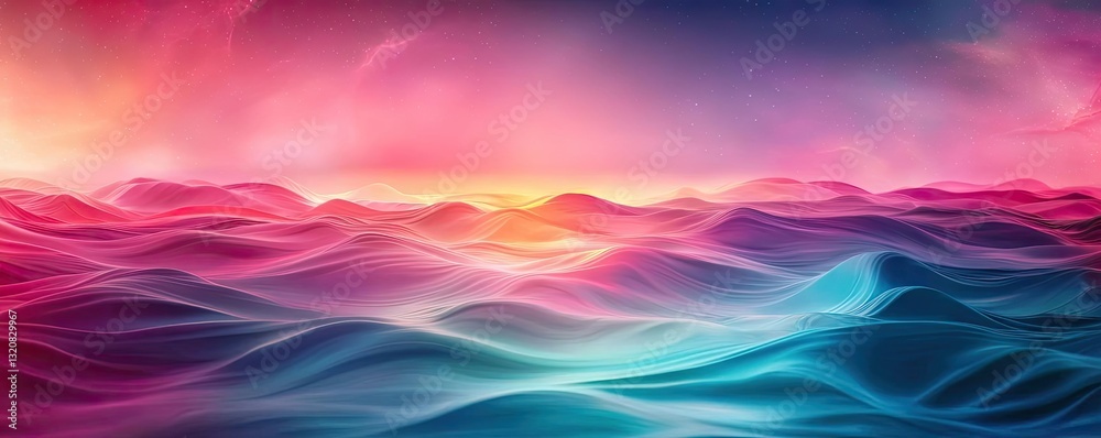 Poster aerial landscape abstract background idea. vibrant abstract ocean waves illuminated by colorful suns