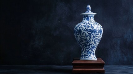A single elegant blue and white porcelain vase standing on an antique wooden base, softly illuminated.