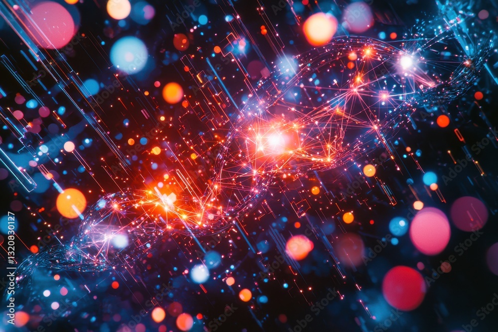 Poster abstract futuristic technology background with glowing lines and particles, creating a network of in