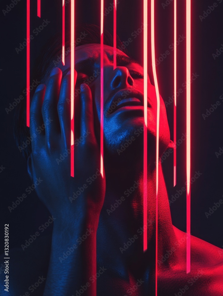 Poster a person wearing led face lights in red and blue, possibly for a party or event