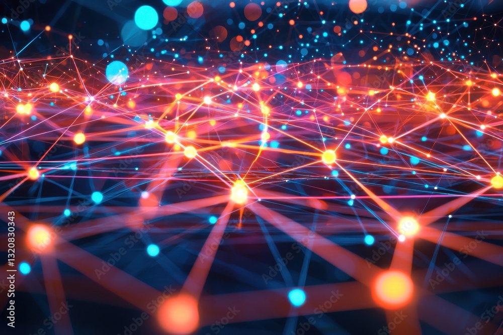 Poster an interconnected network of glowing nodes and lines, symbolizing global communication and data tran