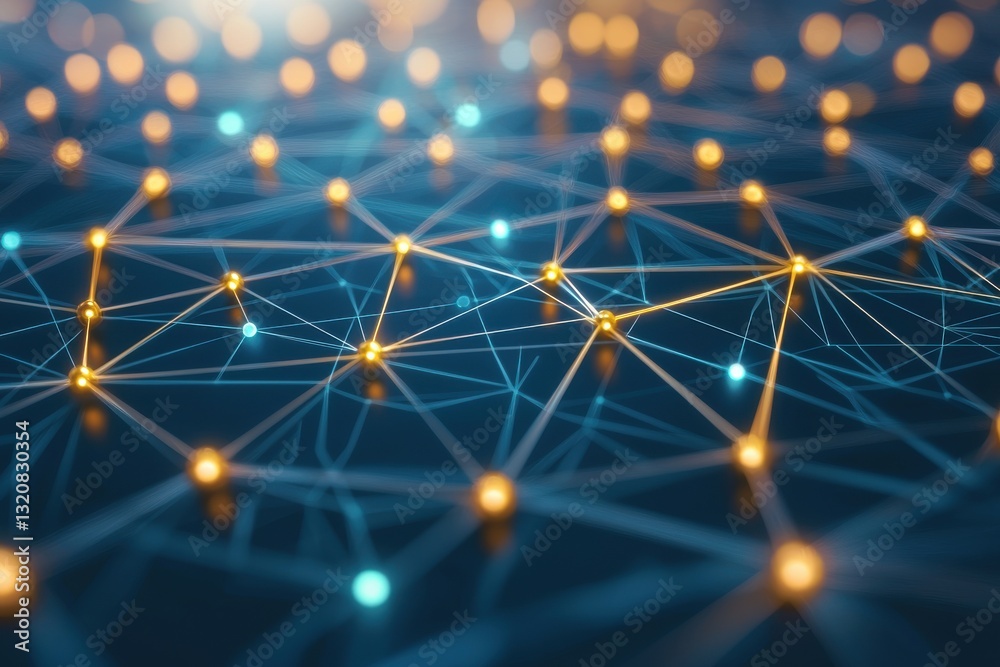 Poster an interconnected web of glowing nodes and lines against a deep blue backdrop, representing advanced
