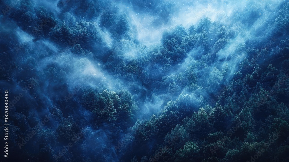 Poster aerial landscape abstract background idea. a serene view of misty forest showing rich greenery under