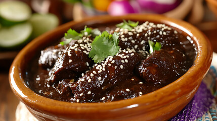 Rich Dark Mole Sauce with Sesame Seeds and Cilantro in Rustic Bowl