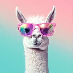 Funny Llama Wearing Pink Sunglasses on Colorful Background. Stylish white llama with rainbow sunglasses on pastel pink and teal backdrop.