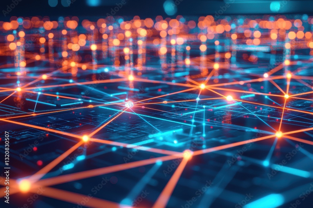 Poster futuristic technology background showcasing a complex network of interconnected glowing nodes, repre