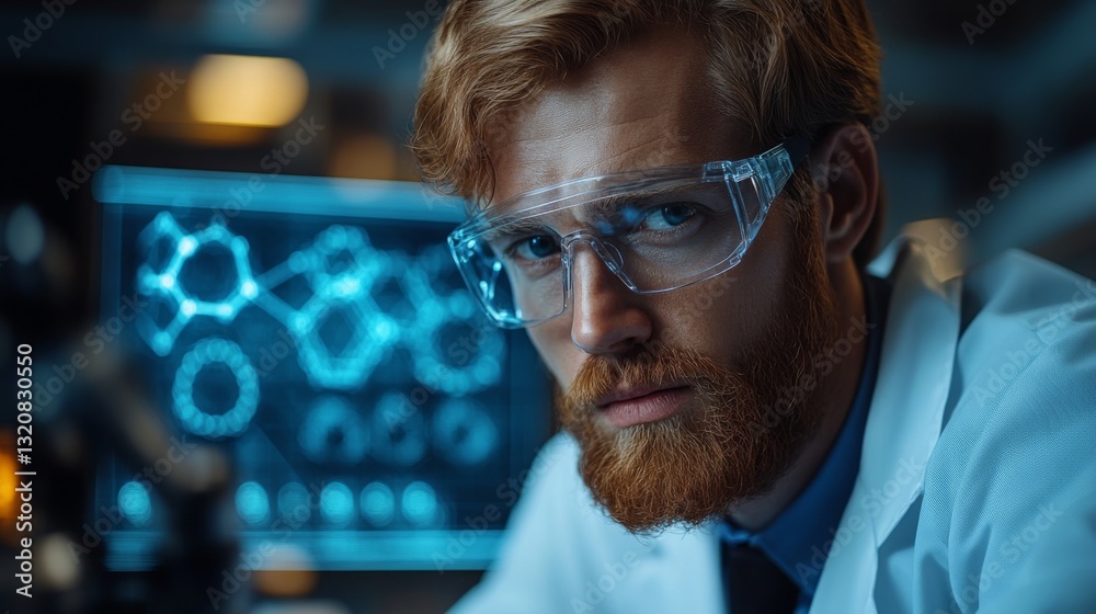 Poster Engineer in a lab coat focuses on metallurgical data while wearing safety glasses. Equipment and screens display complex engineering designs showcasing advanced manufacturing techniques.
