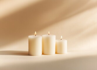 Burning Candles on Beige Background Creating a Serene and Cozy Atmosphere