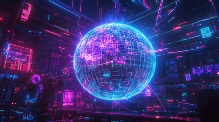 Fototapeta premium Neon Globe in Futuristic Circuitry