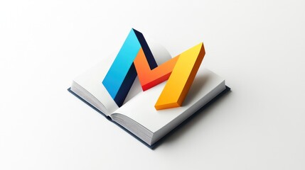 Open book with 3D letter M, modern design, digital presentation