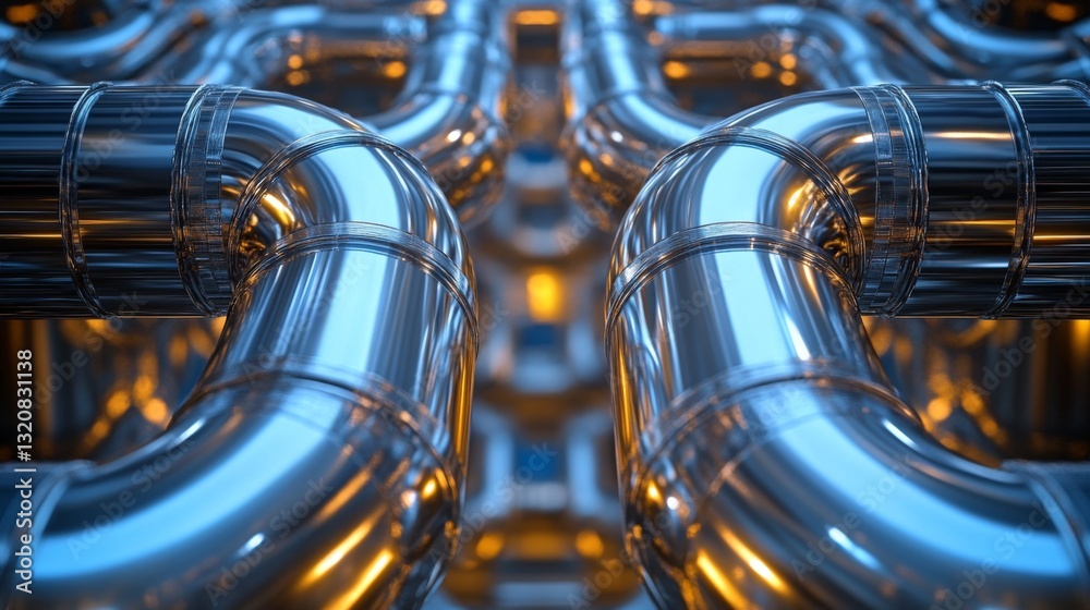 Aufkleber in a manufacturing facility, multiple steel pipes form a complex arrangement, showcasing advanced we
