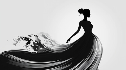 Black and White Elegant Woman Silhouette with Flowing Dress. A monochrome artistic silhouette of a woman in a long, flowing black dress, creating a sense of movement and style.