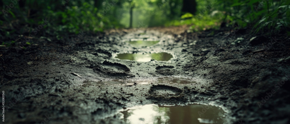 Poster a narrow muddy path in a dense forest environment