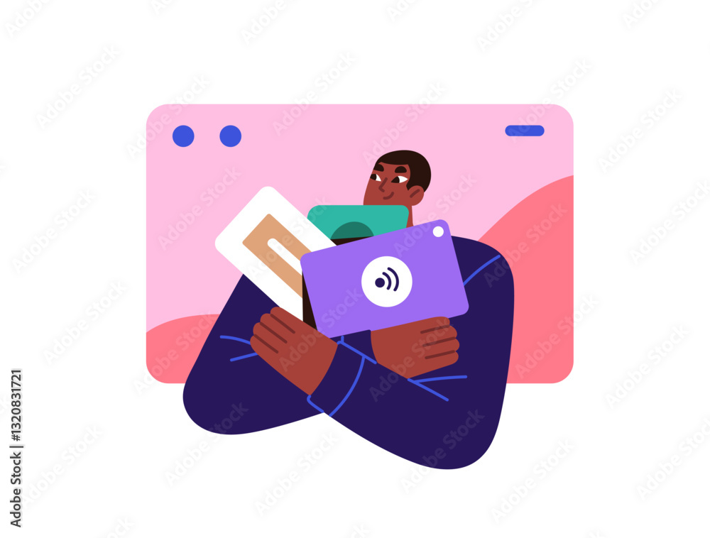 Poster web designer creates app interface concept. creative worker holds elements of ux ui design for redes