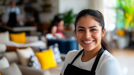 Young woman smiling in a bright coffee or restaurant environment