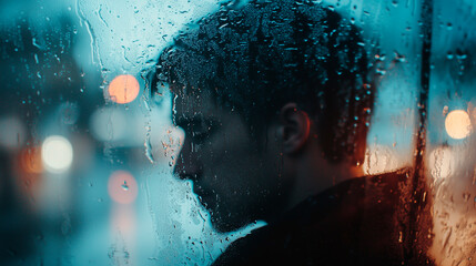 Pensive Man Behind a Rain-Covered Window at Night