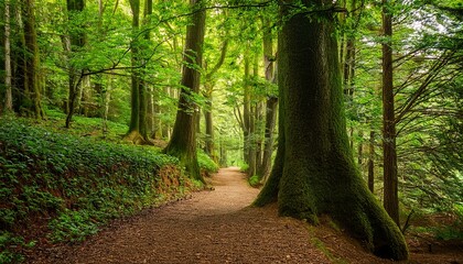 A path through the forest covered in vibrant green leaves, with large trees lining the route.