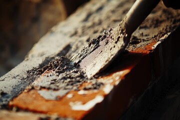 Fototapeta premium Bricklaying construction, mortar application, outdoor worksite