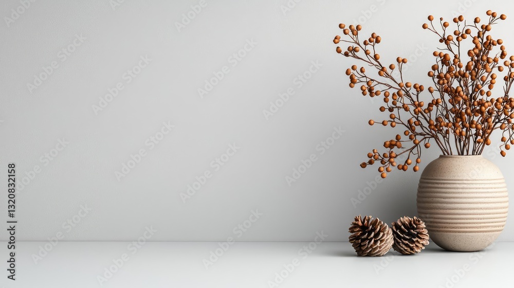 Poster Geometric pattern design abstract background idea. Stylish vase with dried branches and pinecones on a modern surface.