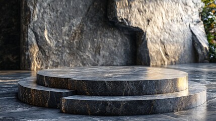 A three tiered stone podium is displayed against a large rock face