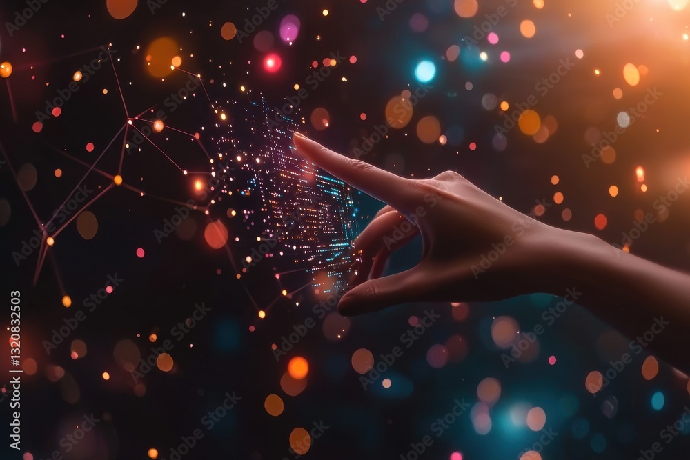 Poster a hand touching a digital screen interface with colorful bokeh lights and network connections, symbo