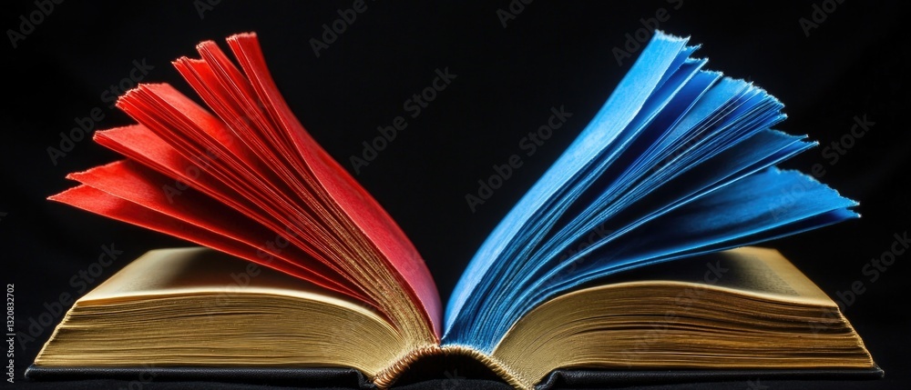 Poster a book lying open on a dark surface