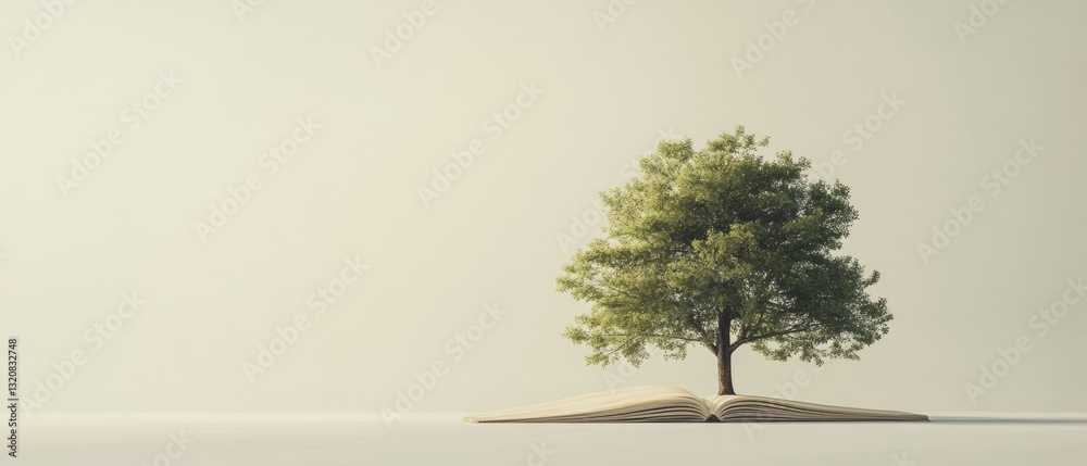 Poster a person sits with an open book and a tree growing out of the top, symbolizing knowledge and growth