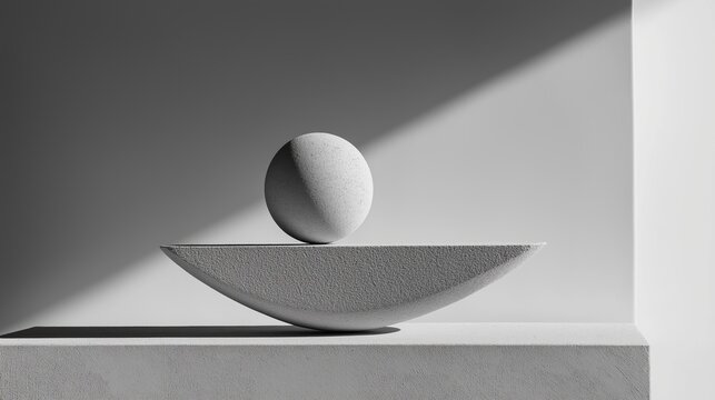 Black and white photograph of a sculpture on a white pedestal. the sculpture is made of a smooth, textured material, possibly stone or concrete, and is in the shape of a sphere.