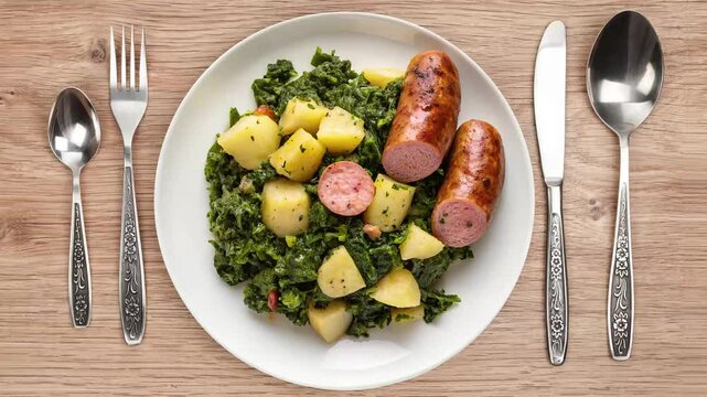 Thick braised cabbage keil in rich dark green color with smoked sausage Pinkel - looped 4к video