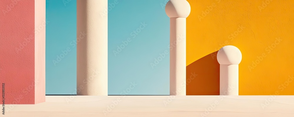 Aufkleber Geometric shapes illustration abstract background idea. Colorful walls with geometric columns in minimalistic outdoor setting.