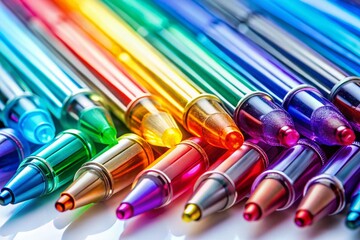 Colorful Ballpoint Pens Silhouette, Close-up Macro Shot on White