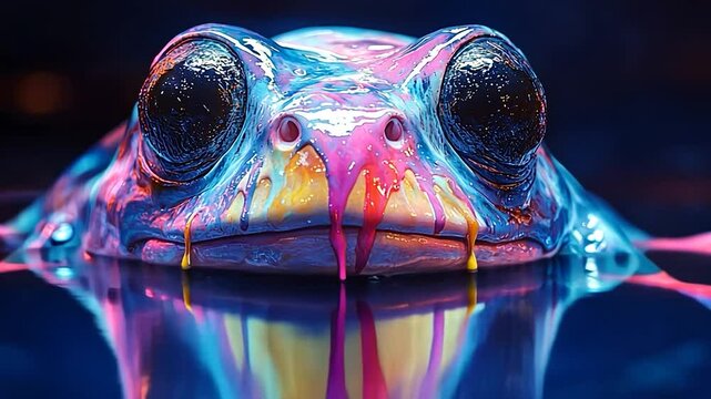 Colorful frog with vibrant paint drips, set against a surreal backdrop