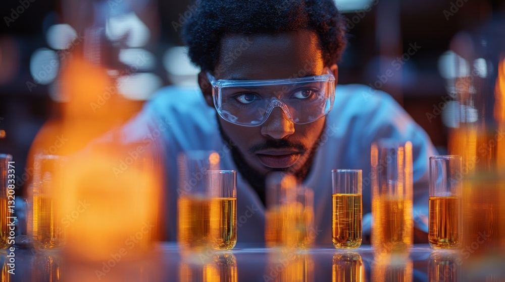 Poster A scientist in safety goggles intently examines multiple test tubes filled with orange liquids during a chemical synthesis process in a high-tech laboratory.